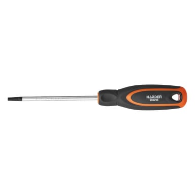 Torx-skruvmejsel med svart och orange handtag med varumärket HARDEN och modellnummer 550209 tryckt på handtaget. Metallskaftet har en stjärnformad spets.