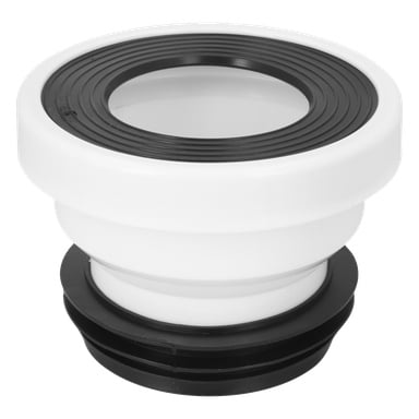 En vit och svart plastpropp för toalettgolvet med bred öppning och texturerade, räfflade kanter.