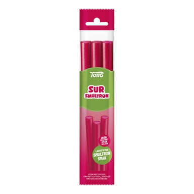 En förpackning med Toms SUR Smultron polkagrisar. Förpackningen är rosa och grön med tre röda polkagrisar och en text som framhäver att produkten är glutenfri, gelatinfri och har smak av smultron.