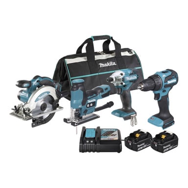 Makita-verktygsset med cirkelsåg, sticksåg, slagdragare, borrmaskin, två batterier, laddare och en svart-teal-påse med Makita-märke.