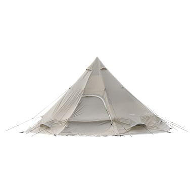 Ett beigefärgat, konformat tält med en hög, spetsig topp som är fäst i marken med flera staglinor. Tältet har en stor välvd ingång och små ventilationsluckor nära golvet.