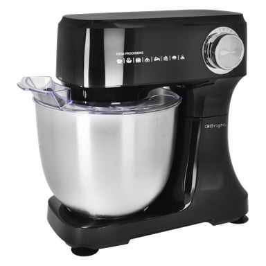 Black Bright Küchenmixer mit einer Edelstahlschüssel und einem Geschwindigkeitsregler, beschriftet FOOD PROCESSING über einer Reihe von Lebensmittelsymbolen.