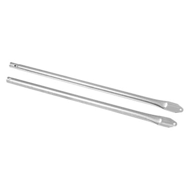 Par stålstag 8 och 8A för tunnelväxthus, båda långa med platta ändar, ett hål nära varje spets och en blank finish.