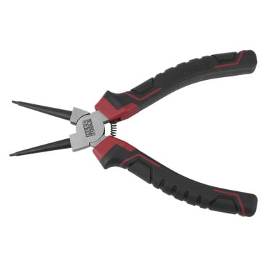 Para czarno-czerwonych szczypiec do pierścieni sprężynujących z mechanizmem sprężynowym, oznaczonych MEE TOOLS na metalowym przegubie, pokazana na białym tle.