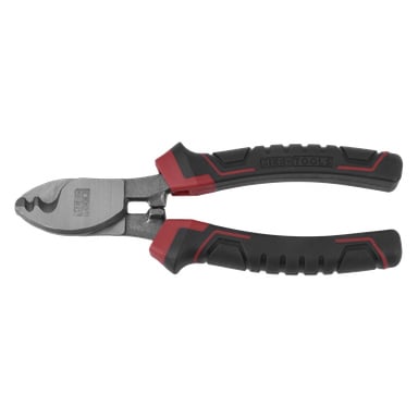 Et par avbitertang med svart og rødt gummigrep og merkenavnet Meec Tools trykt på håndtaket. Verktøyet har skjærekjever i metall som er beregnet på å klippe av ledninger.