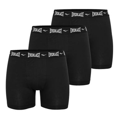 Tre par svarta boxerkalsonger med elastiska midjeband med varumärket Everlast i vit text, placerade i en förskjuten rad mot en vit bakgrund.
