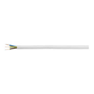 Biały kabel elektryczny z izolacji PVC z AKS Zielonka, którego koniec jest odstroniony, odsłaniając trzy wewnętrzne przewody miedziane, każdy owinięty niebiesko, żółto-zieloną i brązową izolacją.