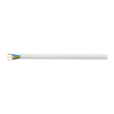 Zbliżenie kabla elektrycznego AKS Zielonka z izolacją PVC pokazuje trzy odsłonięte przewody miedziane, każdy z charakterystyczną niebiesko-żółto-zieloną i brązową izolacją.