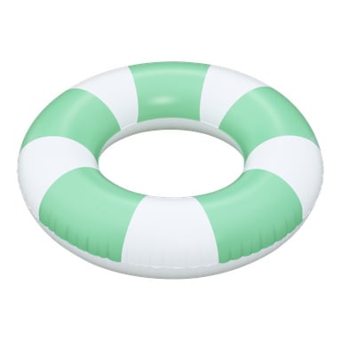 En grön- och vitrandig uppblåsbar poolring med segment i växlande färger, mot en vit bakgrund.