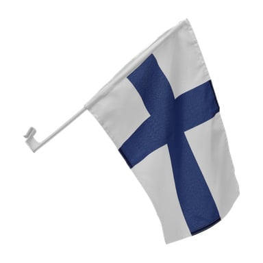 En liten finsk flagga med ett blått nordiskt kors på vit botten är fäst på en vit plaststång som är avsedd att monteras på ett bilfönster.