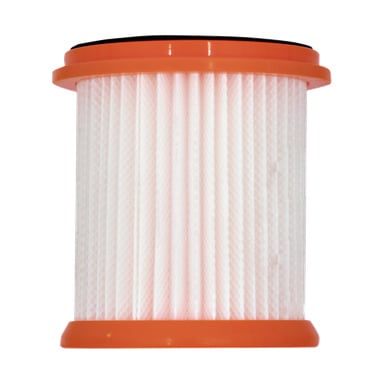 Ett HEPA-filter för en upprätt dammsugare, med veckat vitt material och orange plaständlock.