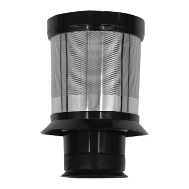 En cylindrisk vakuumfilterhållare med svarta plaständar och en metallnätkropp, designad för upprättstående dammsugare.