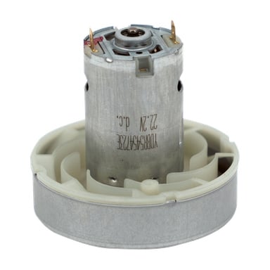 Dammsugarmotor med cylindriskt metallhölje, fyra övre terminaler, vit bas med metalldelar och specifikationer märkta på sidan.
