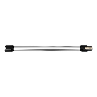 Ett dammsugarrör för en upprätt dammsugare, med en silverfärgad metallstång med svarta ändlock och en beige rektangulär knapp eller strömbrytare i ena änden.