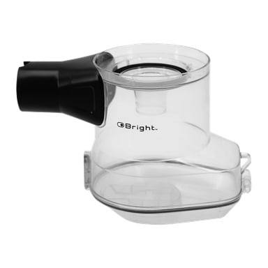 En transparent plastdammbehållare med en svart kontakt för en upprätt dammsugare, med ordet "Bright" på sidan.
