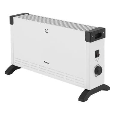 En vit elektrisk konvektionsvärmare med svarta fötter och hörn, strömbrytare, temperaturreglage, ventilationsöppningar och en rökförbudssymbol på ovansidan. Varumärket Ansul är tryckt på framsidan.