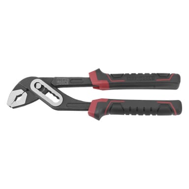 Ett par svarta och röda justerbara spårtänger med texturerade handtag och böjd käft, märkta Meec Tools.