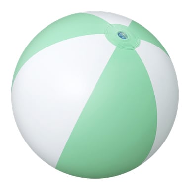 En grön och vit uppblåsbar badboll med omväxlande färgade paneler och en synlig luftventil i toppen. Bollen visas mot en vit bakgrund.