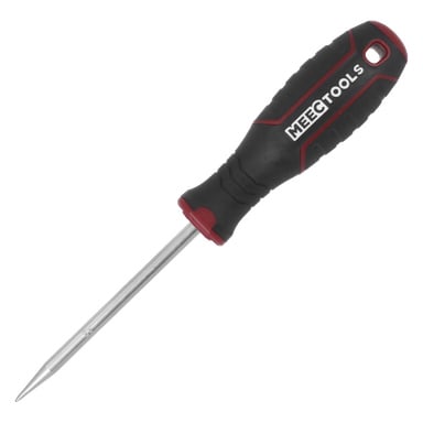 En Meec Tools-syl med spetsig metallspets och ett bekvämt svart-rött handtag.