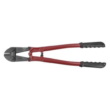 Meec Tools bultsaxar med röda handtag, svarta grepp och ett metalliskt skärhuvud.