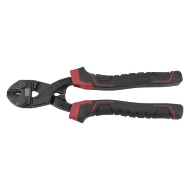 Ett par bultsaxar från Meec Tools med svarta och röda handtag och varumärket präglat på dem.