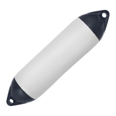 Hamron Fender är en cylindrisk vit båtfender med mörkblå ändar och monteringshål på varje sida.
