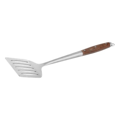 Burns & Barkles BBQ-spatel har rostfria stålspår och ett trähandtag som är säkrat med metallnitar.