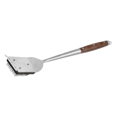 Burns & Barkles grillborste med trähandtag, metallborst och platt skrapkant designad för att rengöra grillar.