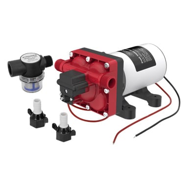 Hamron helautomatisk tryckvattenpump med en cylindrisk röd och vit design, utrustad med en svart monteringsbas, två synliga kablar, ett silfilter och två individuella svarta slangkontakter.