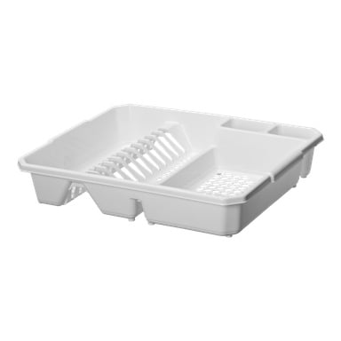 Ett vitt plastställ för Menuett-disken med särskilda fack för tallrikar, koppar och bestick. Designen har slitsade avdelare och upphöjda fötter för att underlätta dräneringen, vilket ger ett enkelt och praktiskt alternativ för användning på köksbänkar.