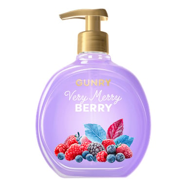 Purple Gunry Handtvål Very Merry Berry-flaska dekorerad med bilder av hallon, blåbär och björnbär på framsidan.