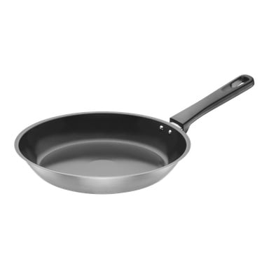 Hackman Ceramic stekpannan har en svart non-stick interiör, metallfasad och ett långt svart handtag.