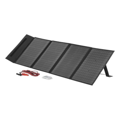 Hamron solcellspaket med en vikbar svart panel på ett stativ, röda och svarta kablar samt en liten vit elektronisk enhet i närheten.