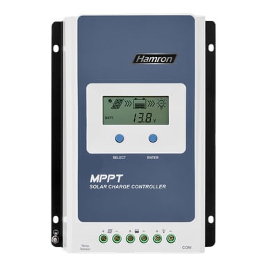 Hamron MPPT solladdningsregulator med en digital skärm som visar BATT. 13,8V, select/enter-knappar och skruvterminaler.