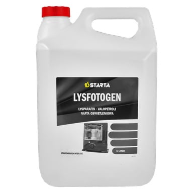 En 5-liters Starta Paraffin-plastbehållare med ett rött lock, med en etikett märkt "LYSFOTOGEN" och en illustration av en värmare eller spis.