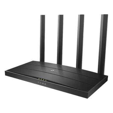 TP-Link Archer AX18 trådløs ruter har et slankt svart design med fire oppreist antenner og fire frontindikatorlys.