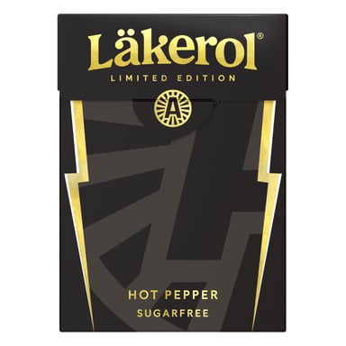 En svart Läkerol Hot Pepper Big Pack Limited Edition-låda visar guld- och vit text, gyllene blixtar och en stiliserad emblem.