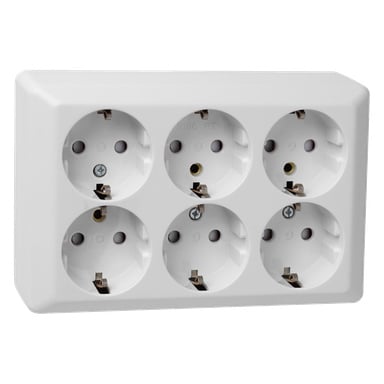 ELKO Wall socket RS är en vit rektangulär adapter med sex runda europeiska uttag arrangerade i två rader om tre.