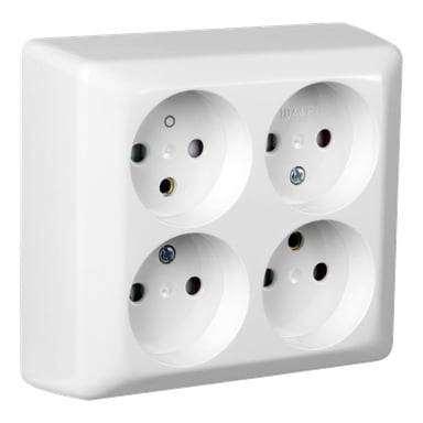 ELKO Wall Socket RS är ett vitt, rektangulärt uttag med fyra runda uttag i ett 2x2-galler, var och en med luckor och jordning.