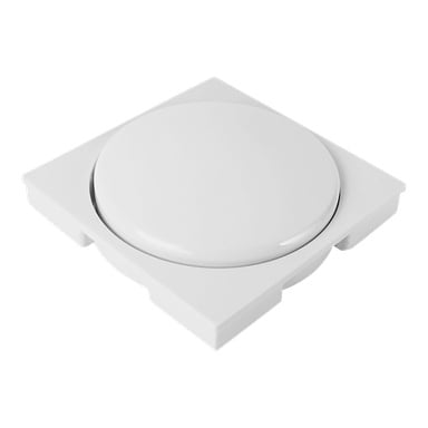 ELKO Dimmer RS er en hvit, firkantet plastknapp med en fremtredende rund midtpunkt, sett fra en svak vinkel.
