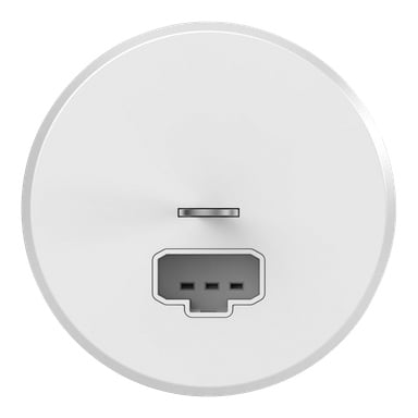 Närbild på ELKO DCL-lampsockeln RS som framhäver dess eleganta vita finish och en cirkulär port med USB-C ovanför HDMI.