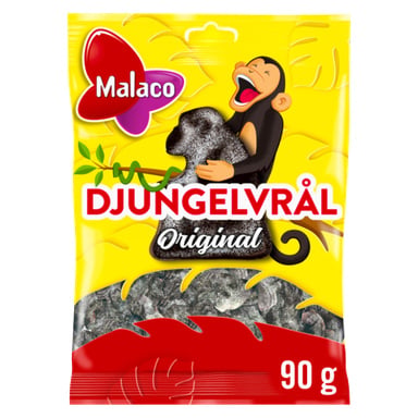En gul 90g Malaco Djungelvrål Original godispåse visar en apa som kramar randiga godis, med röd och vit text och ett blad bakom.