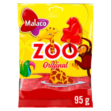 En 95 g gul godispåse från Malaco Zoo visar en giraff, apa och fågel, plus en röd gorillaformad gummi på förpackningen.
