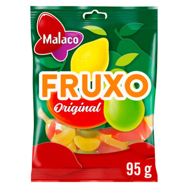 En 95g Malaco Fruxo Original godispåse med grön förpackning, färgglada gummies och en röd fjärilslogga. Fet stil "FRUXO Original" på framsidan.