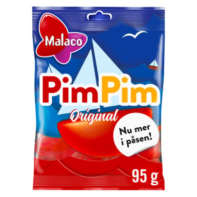 En påse på 95 g Malaco PimPim visar en röd båt med vita segel på blått hår, med "Nu mer i påsen!" tryckt på framsidan.