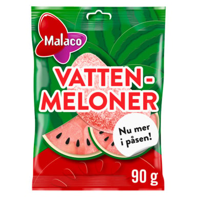 En 90g Malaco Watermelons-godispåse i grön förpackning med vattenmelonskivor och fraserna "Nu mer i påsen!" och "Watermelons.