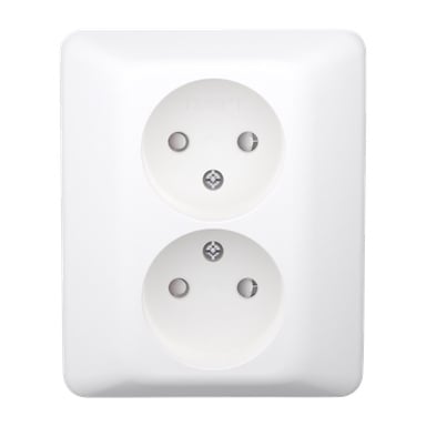 ELKO Wall socket RS har en vit rektangulär platta med två runda hylsor, vardera med två stifthål och en jordspår.