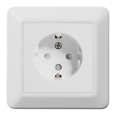 Närbild på en ELKO Wall socket RS i en fyrkantig ram, med en vit europeisk design med två runda öppningar och en jordstift.