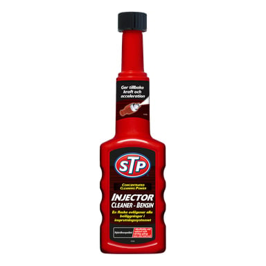 En röd flaska STP Injector Cleaner för bensinmotorer med blå kork. Etiketten visar STP-logotypen och detaljer om rengöring av avlagringar och prestandaförbättring.