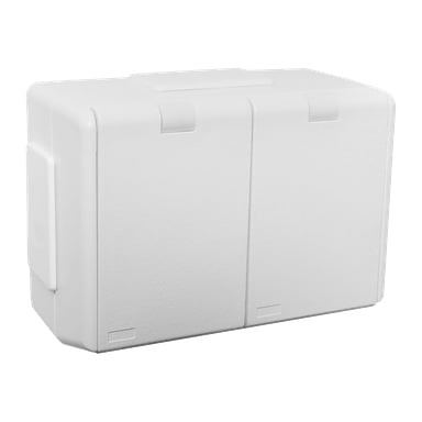 En vanlig kylbox i vitt skum med en strukturerad yta, två fack som delas av en linje och ett lock med två upphöjda handtag.